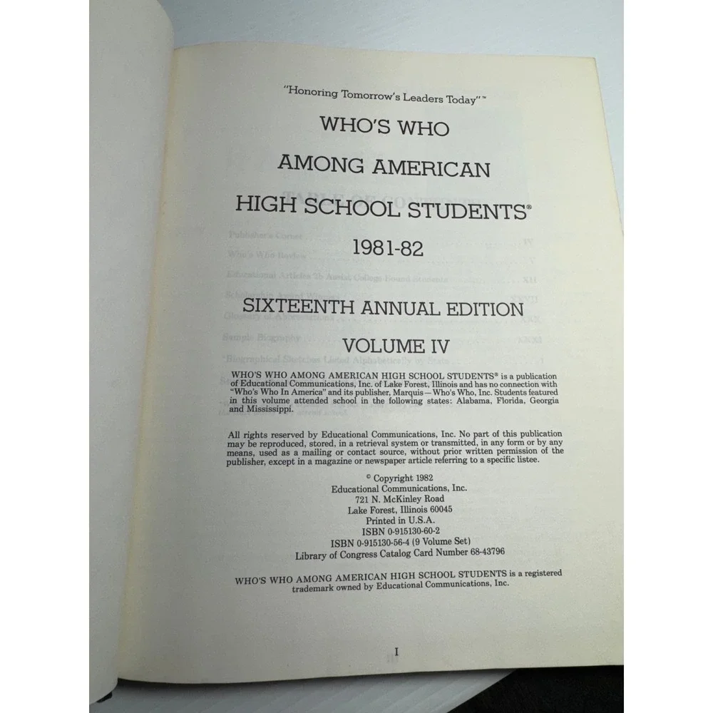 Who's Who Among American High School Students 1981-1982 Volume IV AL FL GA MS